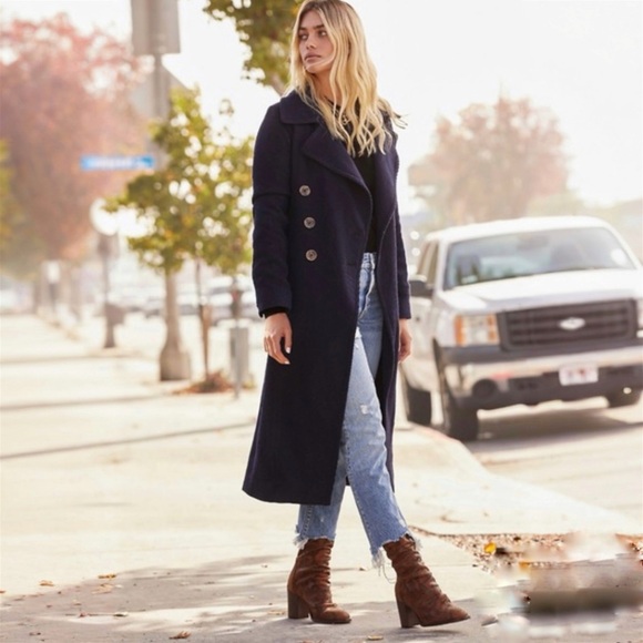 Free People Jackets & Blazers - Free People Double Breasted Navy Blue Coat Woven Ribbed Longline Overcoat Small